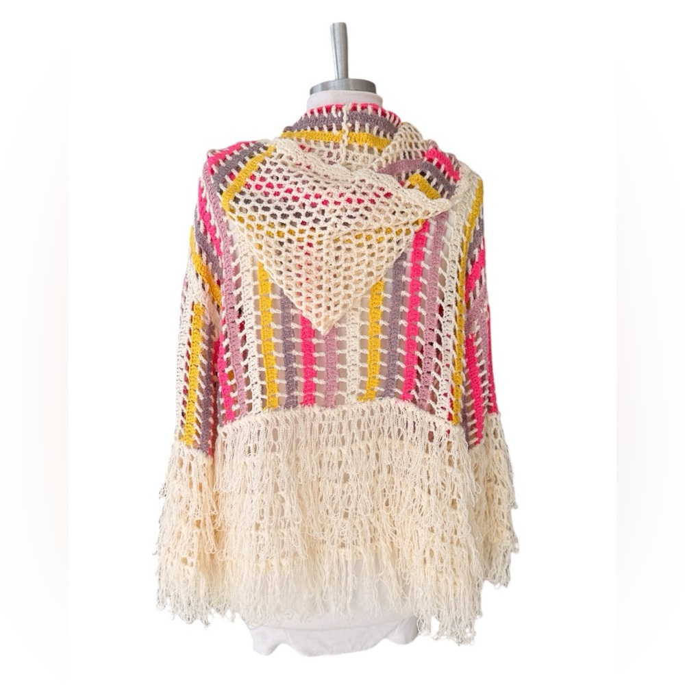 POL Openwork Crochet Fringe Cardigan in Cream, Yellow & Pink Size Large Hooded - Picture 4 of 9